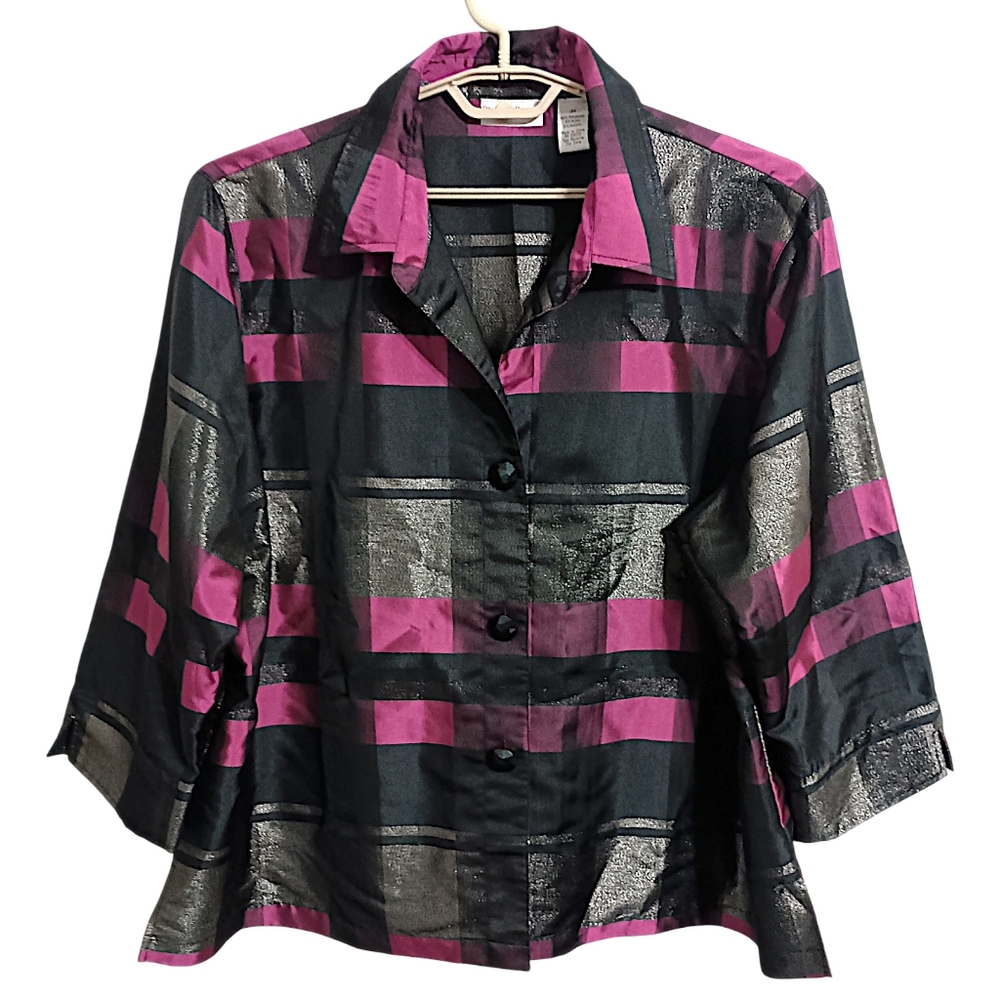 Drapers‎ & Damons Metallic Plaid Top 3X Plus Size Satin Evening Button Up Front